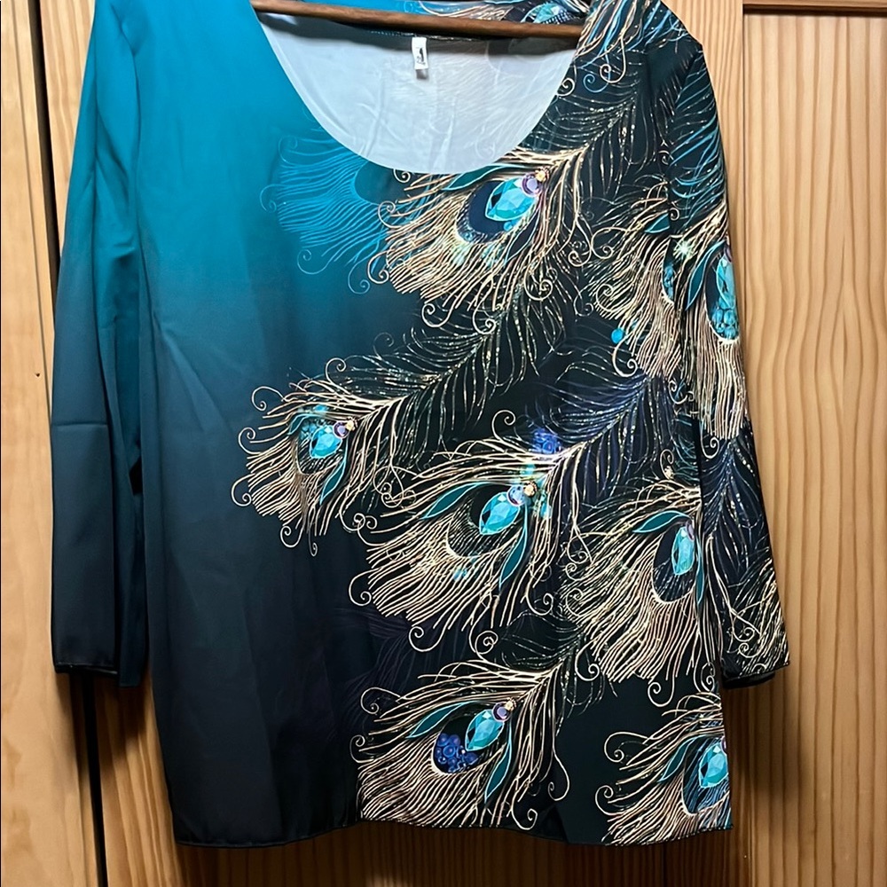 Chic Peacock Feather Blouse - Teal and Gold